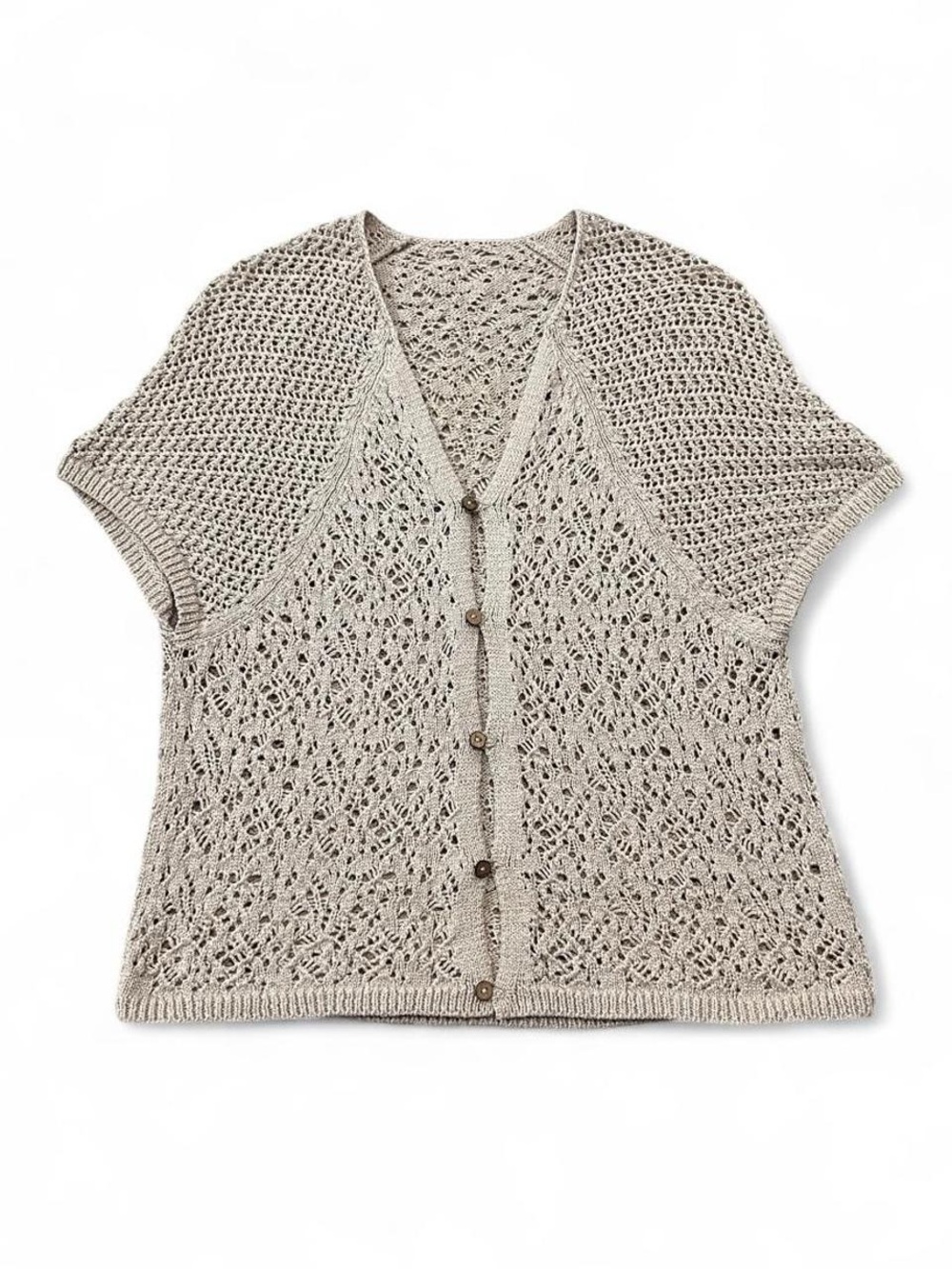 Dana Buchman Taupe Crochet Button-Front Short-Sleeve Cardigan